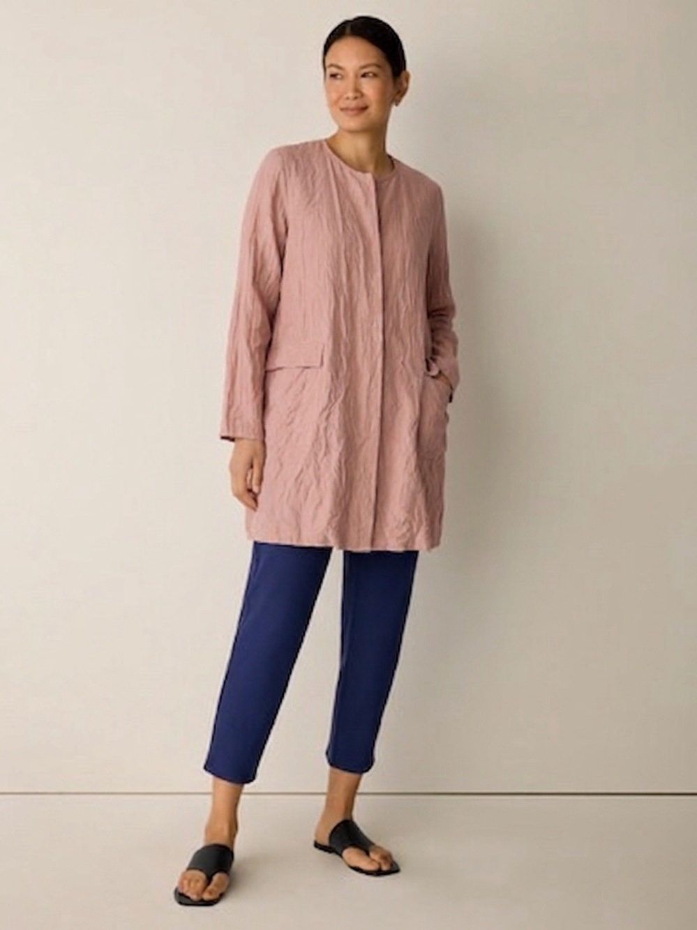 041 EILEEN FISHER Women’s Crinkle Cotton Longline Shimmer Jacket - Rose, Large